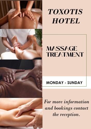 a collage of photos of a woman receiving massage therapy at Toxotis Hotel in Protaras