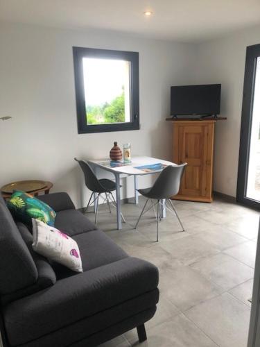 Una sala de estar con un sofá y una mesa con sillas. en Location appartement T2 - 1 chambre le bourget du lac, en Le Bourget-du-Lac