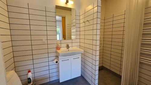 La salle de bains est pourvue d'un lavabo et d'un miroir. dans l'établissement Gudum Park, à Lemvig