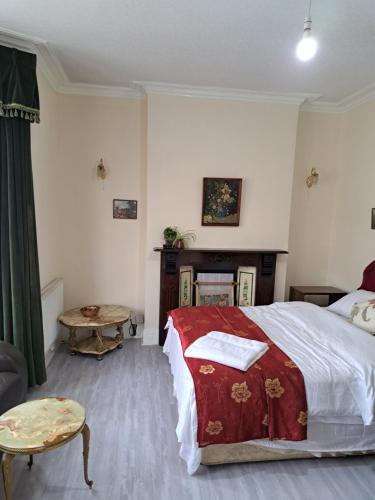 um quarto com uma cama grande e uma lareira em Luxury double bedroom London Seven Kings Train station em Londres