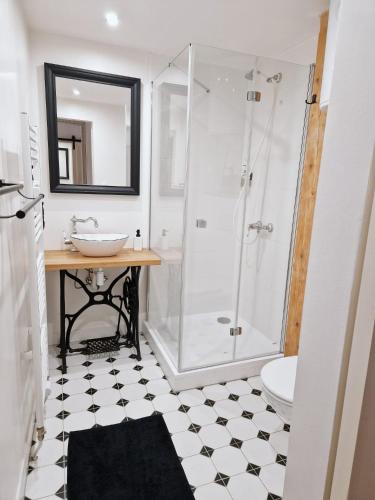 a bathroom with a sink and a shower at Apartmán Singer in Banská Štiavnica