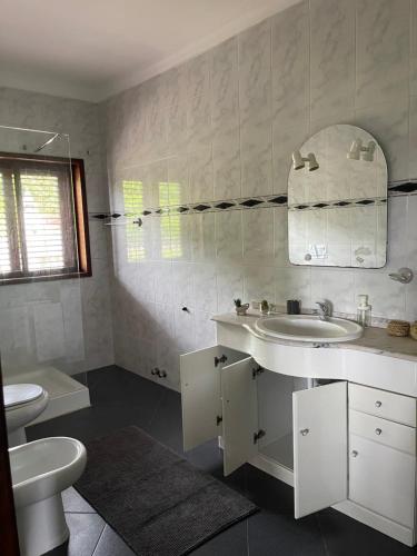 a white bathroom with a sink and a toilet at Catloc & Kitcat Alojamento Local in Costa de Além