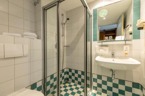 a bathroom with a sink and a shower at Dresdner Tor Süd in Wilsdruff