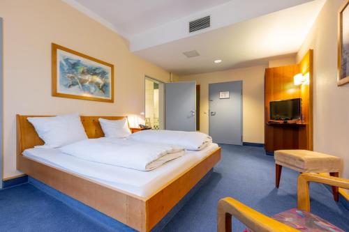 a bedroom with a large bed and a television at Dresdner Tor Süd in Wilsdruff