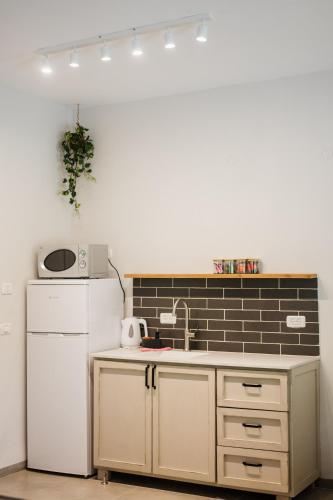 a kitchen with a sink and a refrigerator at כפר הנופש קיבוץ גדות Kibbutz Gadot Galilean Resort in Gadot