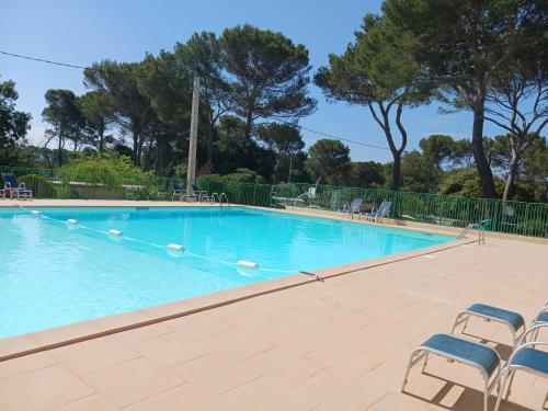 une grande piscine avec des chaises et des arbres dans l'établissement Chalet de charme avec piscine, au Castellet