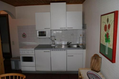 uma cozinha com armários brancos e um lavatório em Haus Anita em Wald am Arlberg