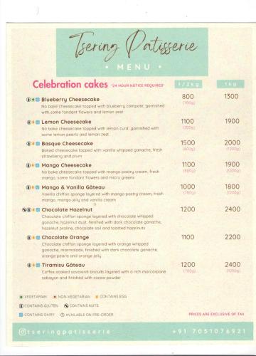 a menu for the jenny palestine restaurant at Hotel Palam Hills in Leh