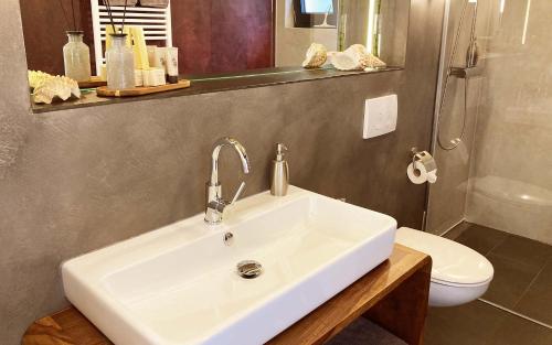 a bathroom with a white sink and a toilet at TS Apartments in Traunstein