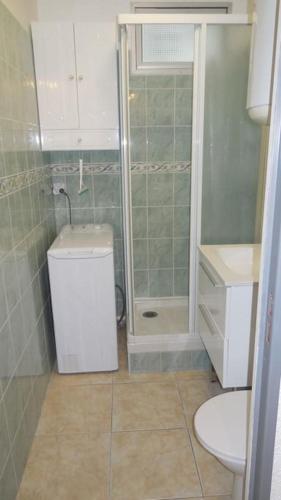 une salle de bain avec une douche, un lavabo et des toilettes dans l'établissement Agréable T3, Bormes Les Mimosas, à Bormes-les-Mimosas