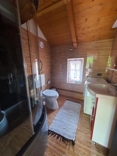 a bathroom with a toilet and a sink and a tub at Casa Meli in Borsa