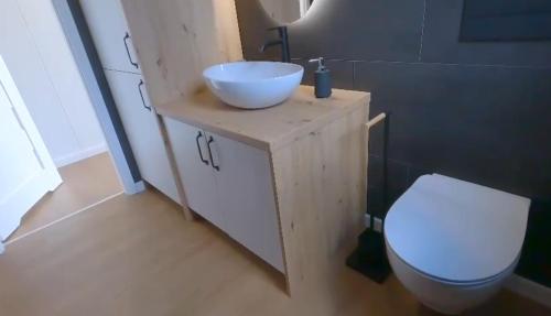 uma casa de banho com um lavatório branco e um WC. em Tiny House EMH Peterswald 