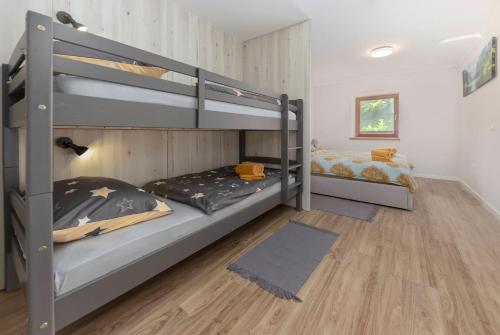 a bedroom with two bunk beds in a room at Apartments Ribnica in Bohinj