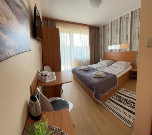 a hotel room with a bed and a desk and a room at Willa Balticus in Władysławowo