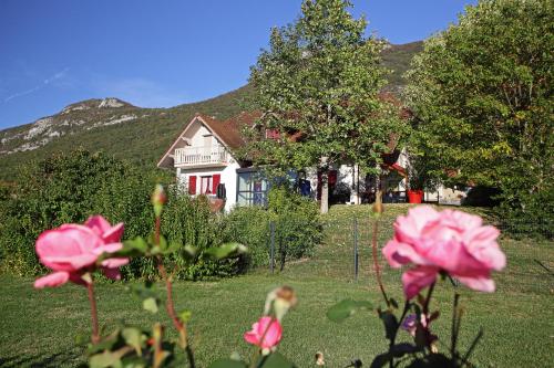 une maison avec des fleurs roses devant elle dans l'établissement Les chambres du cru, à Jongieux