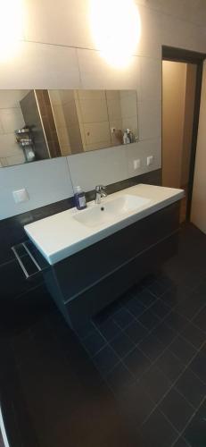 a bathroom with a white sink and a mirror at CHARLOTTE, not for parties, not a hotel, room with shared bathroom, no kitchen in Amsterdam