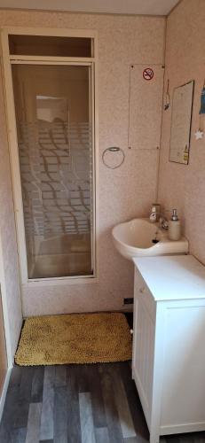 a bathroom with a sink and a shower at 2 bed 36 Highbury park Skegness ingoldmells caravan in Ingoldmells