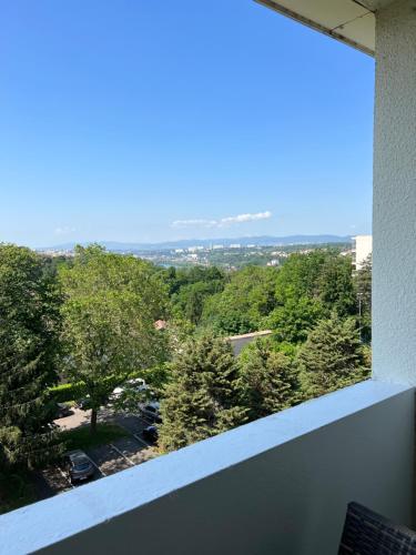 卡魯雷埃奎耶的住宿－Le Calme - Design - Vue panoramique sur la Saône，从树木繁茂的建筑的阳台上可欣赏到风景