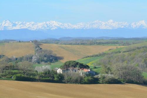 une ferme dans un champ avec des montagnes en arrière-plan dans l'établissement Ferme Ariégeoise, gîte du lac, à Unzent