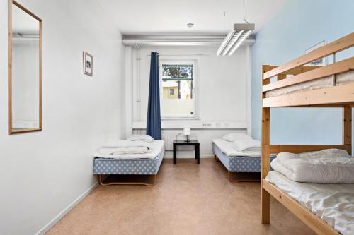 1 dormitorio con 2 literas y escalera en Krongården Vandrarhem en Kristinehamn