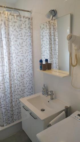 Un baño con lavabo y cortina de ducha. en Apartman Greta Sukošan, en Sukošan