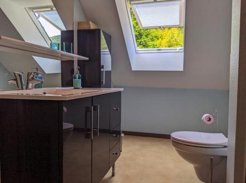 une salle de bain avec toilettes, lavabo et fenêtre dans l'établissement L'Écrin Vue Lac 3 étoiles - Parking gratuit, Calme & confort, à Sévrier