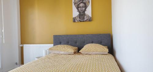 um quarto com uma cama com cabeceira e 2 almofadas em Charming Room with shared space close to PARIS - Chambres Confort avec espaces partagés proche de PARIS em Vitry-sur-Seine