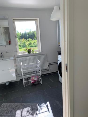 a kitchen with a sink and a window and a dishwasher at Großzuegiges Haus im Wald in Immeln