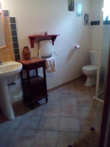 ein Badezimmer mit einem Waschbecken, einem WC und einem Waschbecken in der Unterkunft Sous les pins in Villeneuve-lès-Avignon