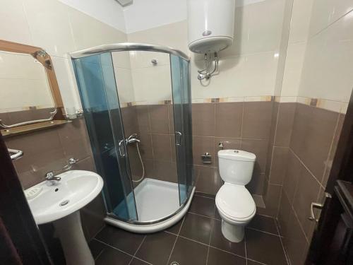 a bathroom with a shower and a toilet and a sink at Leones Villa in Pogradec
