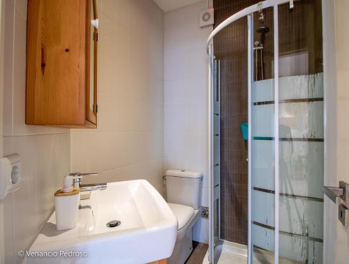 een badkamer met een wastafel, een toilet en een douche bij Nesha Ericeira Flats in Ericeira