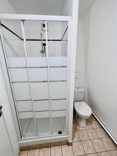 une cabine de douche dans une salle de bain avec toilettes dans l'établissement La Vie en Bleu - Studio proche de Paris, à Charenton-le-Pont