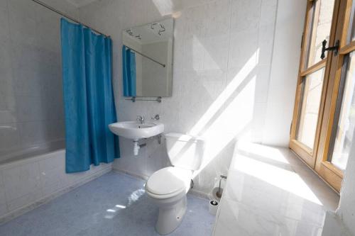 ein Badezimmer mit einem weißen WC und einem blauen Duschvorhang in der Unterkunft 19th century house, 6 bedrooms with 6 bathrooms, private pool & garden in Peyzac-le-Moustier