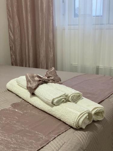 a pair of towels sitting on top of a bed at Aqua Panoramic Apartments in Jagodina
