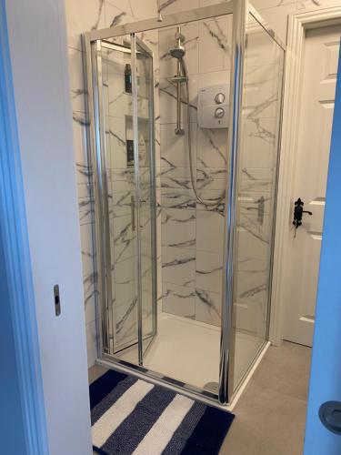 a shower in a bathroom with a glass door at Laurel Lodge in Droichead an Chaisleáin