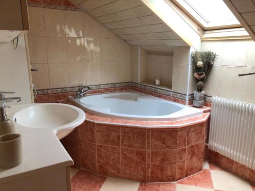 a large bathroom with a large tub and a sink at Penzion Obora in Tachov