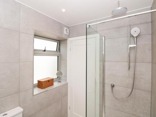 a bathroom with a shower with a glass door at 44 Above Town in Dartmouth