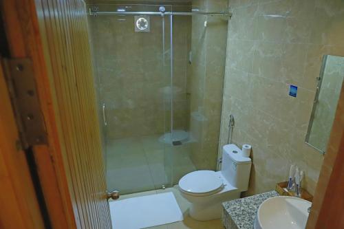 a bathroom with a shower and a toilet and a sink at Cholay Khangzang in Thimphu
