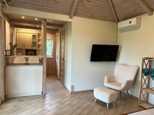 a living room with two chairs and a tv on the wall at "Family Estate" Cottages in Kamianets-Podilskyi