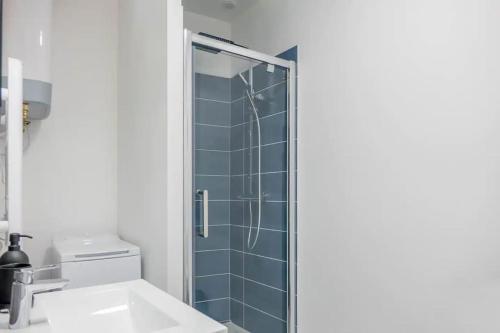 La salle de bains est pourvue d'un lavabo et d'une douche en verre. dans l'établissement Charme de Loire à St Ay *T2*, à Saint-Ay