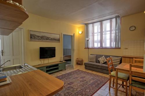 a kitchen and living room with a table and a television at Hostel Skautský dom in Banská Štiavnica