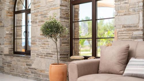 a living room with a couch and a potted plant at Pamina Mare in Nea Skioni