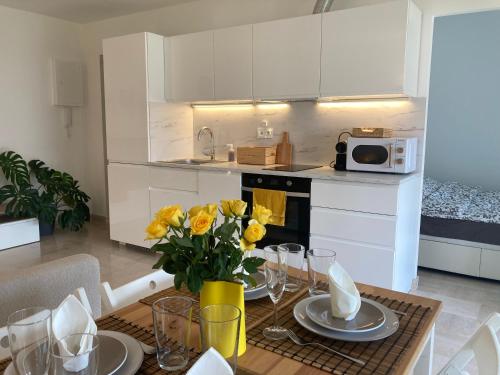 Cozy 1 bedroom apartment Antibes Juan-les-Pins - walk to beaches, restaurants, old townにあるキッチンまたは簡易キッチン