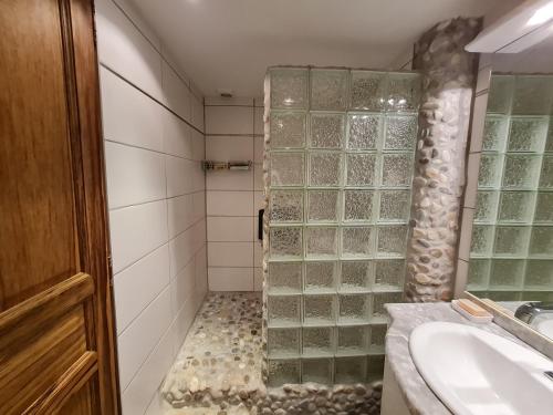 a bathroom with a shower and a sink at Bel appartement rénové, avec terrasse et piscine in La Croix-Valmer