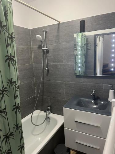 ein Badezimmer mit einer Dusche, einem Waschbecken und einer Badewanne in der Unterkunft Mazet Bellevue in Cogolin