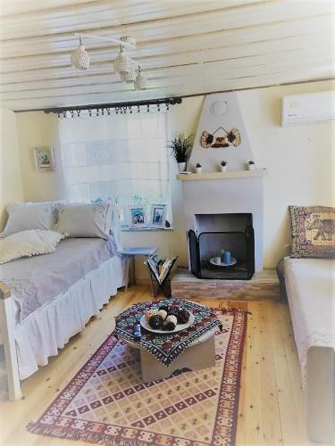 a living room with a couch and a fireplace at Maria's traditional house in Trikeri
