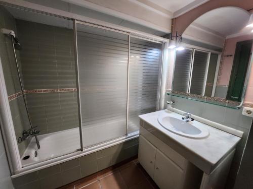 La salle de bains est pourvue d'un lavabo et d'une douche. dans l'établissement dornajo en la plaza, à Sierra Nevada
