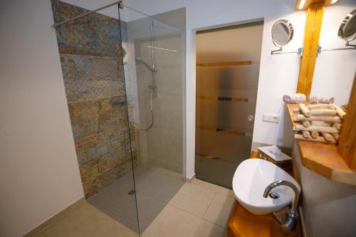 a bathroom with a glass shower and a sink at Chalet Alpenloft 1 in Mittenwald