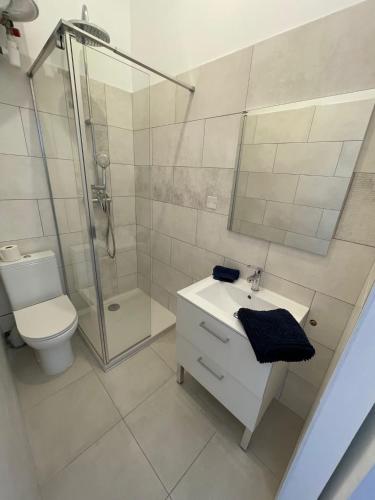 une salle de bain avec une douche, un lavabo et des toilettes dans l'établissement joli appartement plein sud 15mn des plages et wifi gratuit, à Marseille