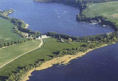 an aerial view of an island in a body of water at Landhaus Fischersruh Plauer See in Alt Schwerin